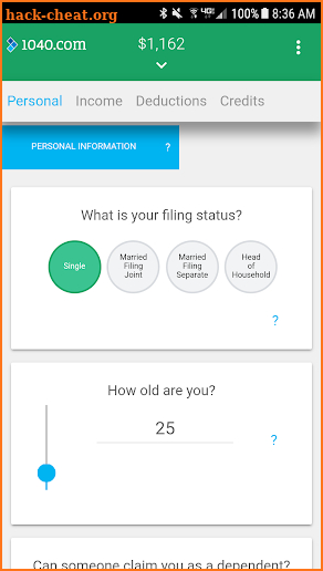 1040.com Tax Refund Calculator screenshot