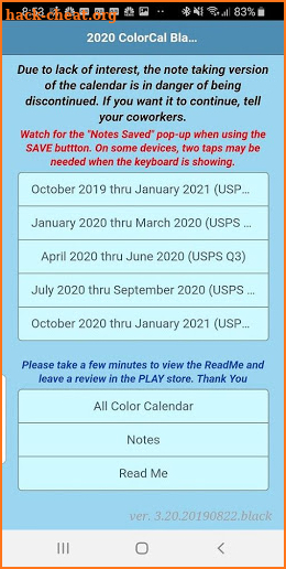 2020 ColorCal USPS Black A Coded carrier calendar screenshot