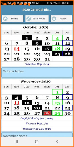2020 ColorCal USPS Black A Coded carrier calendar screenshot