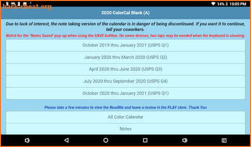 2020 ColorCal USPS Black A Coded carrier calendar screenshot