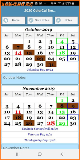2020 ColorCal USPS Brown E Coded carrier calendar screenshot