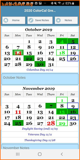 2020 ColorCal USPS Green D Coded carrier calendar screenshot