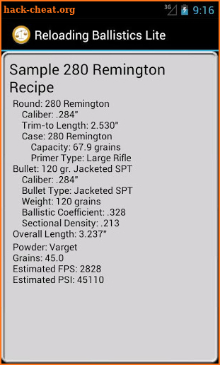 280 Remington Ballistics Data screenshot