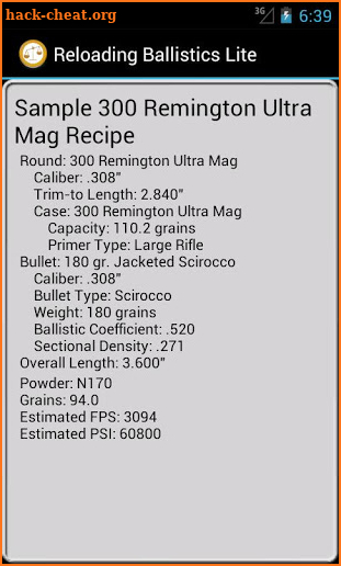 300 Remington U Mag Ballistics Data screenshot