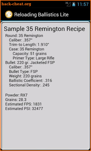 35 Remington Ballistics Data screenshot