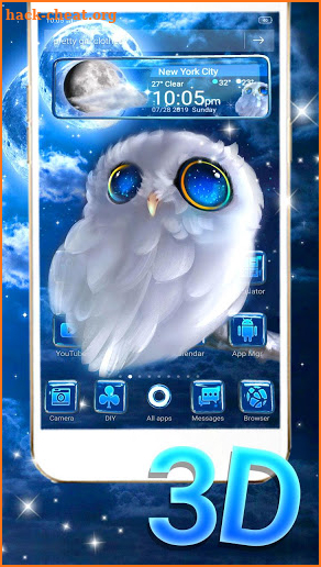 3D Cute Owl Moon Glass Tech Theme screenshot