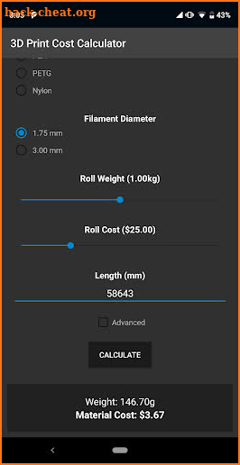3D Print Material Cost Calcula screenshot