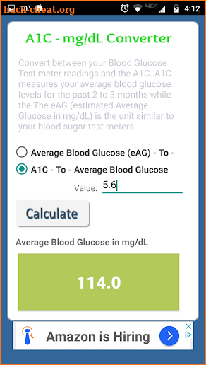 A1C Blood Sugar (eAG) mg/dL Converter for Diabetes screenshot