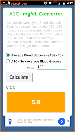 A1C Blood Sugar (eAG) mg/dL Converter for Diabetes screenshot