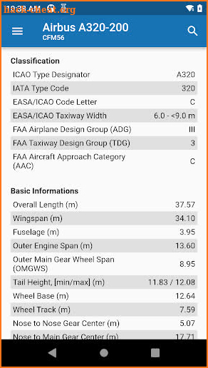 AircraftData - Technical specs screenshot