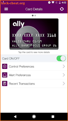 Ally Card Controls screenshot