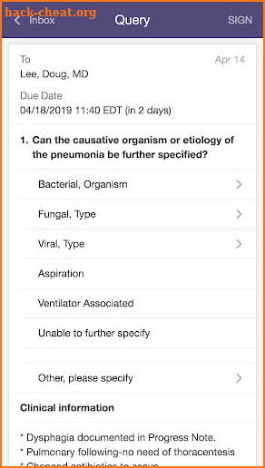 Artifact - Physician query screenshot