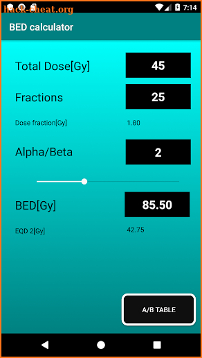 BED (Radiotherapy Dose) calculator screenshot