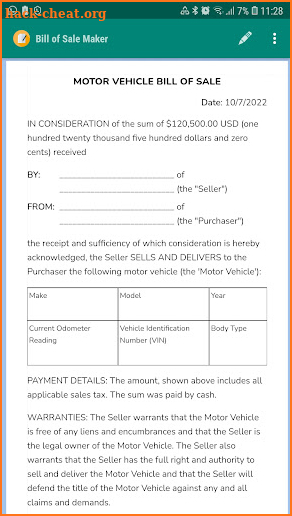 Bill of Sale Maker screenshot