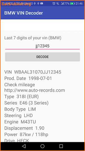 BMW VIN Decoder screenshot