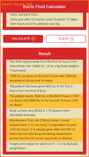 Burns Fluid Calculator: Parkland or Baxter Formula screenshot