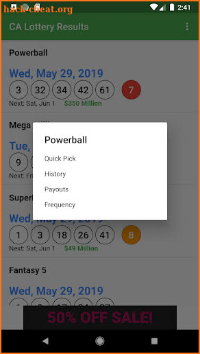 CA Lottery Results screenshot