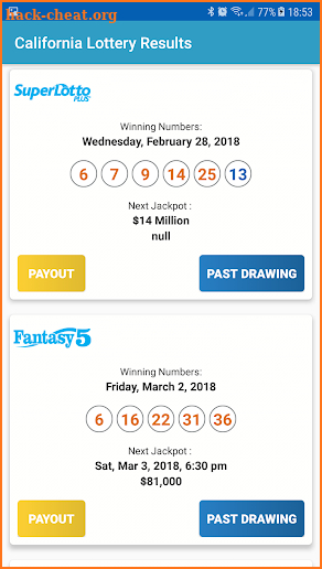 California Lottery Results screenshot