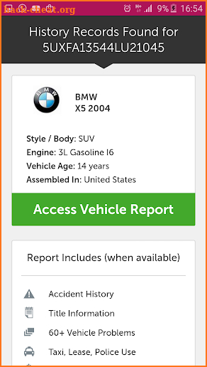 car VIN Number lookup screenshot