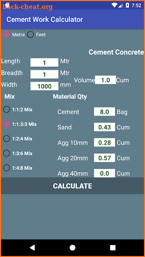 Cement Work Calculator screenshot
