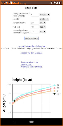 Child growth calculator screenshot