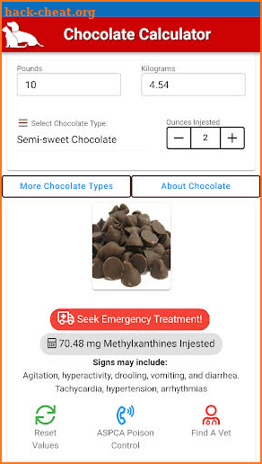 Chocolate Toxicity Calculator screenshot