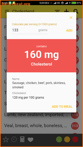 Cholesterol Table: diet aid screenshot
