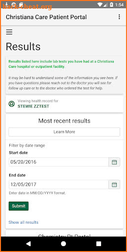 Christiana Care Patient Portal screenshot
