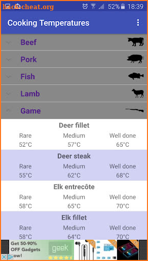 Cooking temperatures screenshot
