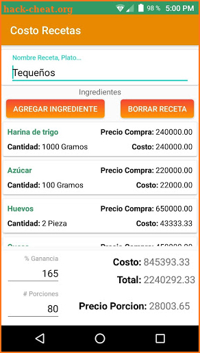 Costo Recetas screenshot