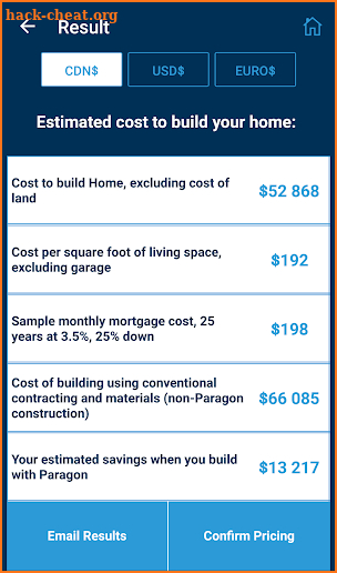 Custom Home Cost Calculator screenshot