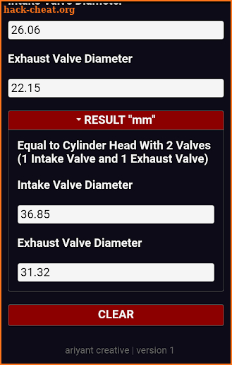 Cylinder Head Valves Equation Calculator screenshot