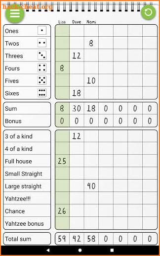 DICY, Scoresheet for YAHTZEE® screenshot