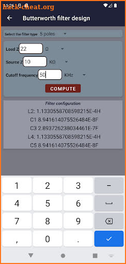 Electronic filter design tool screenshot