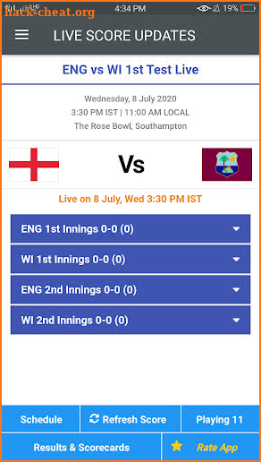 ENG vs WI Live Score 2020 - Test Match Scorecard screenshot