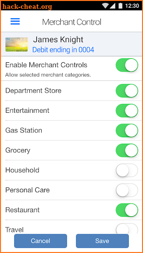 Envista Debit Card Control screenshot