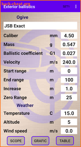 External ballistics calculator screenshot