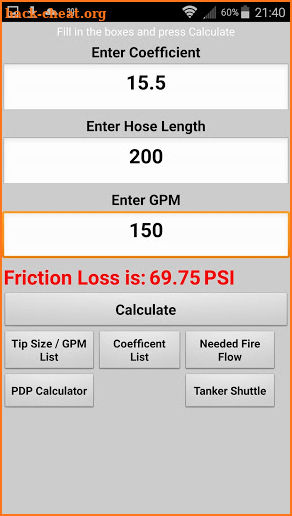FD Friction Loss Calculator screenshot