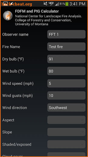Fire weather calculator screenshot