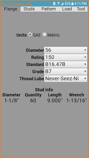 FlangeMate, ASME flange info and torque calculator screenshot