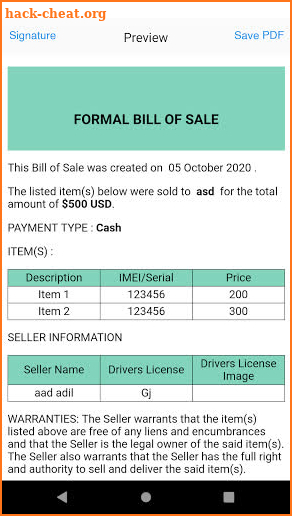 Flipr Bill of Sale screenshot