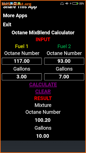 Fuel Octane MixBlend Calculator screenshot