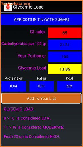 GI and glycemic load screenshot