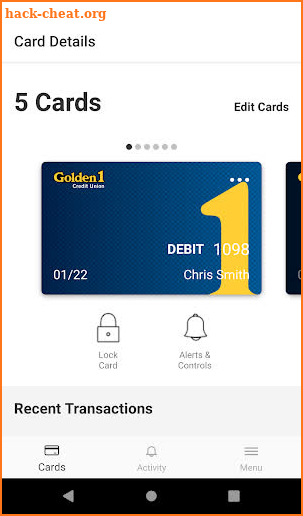 Golden 1 Debit Card Controls screenshot
