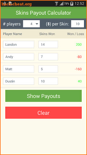 Golf Skins Payout Calculator screenshot