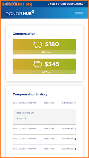 Grifols Plasma Donor Hub screenshot