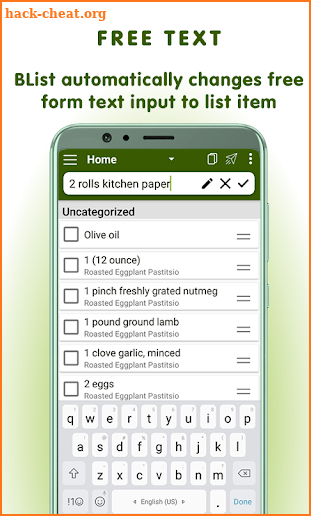 Grocery list with sharing & pasting text screenshot