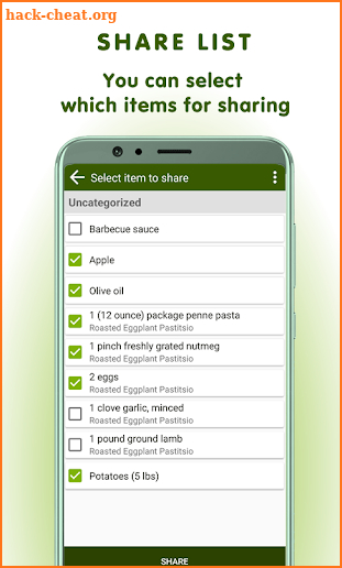 Grocery list with sharing & pasting text screenshot