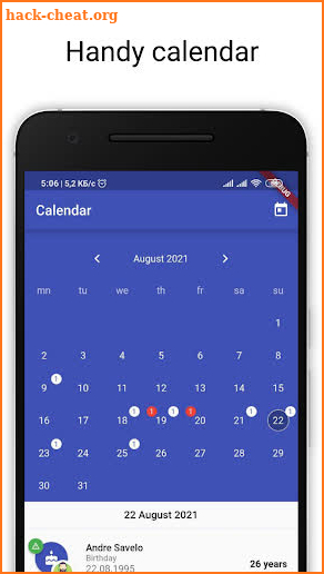 HB: birthday reminder and calendar screenshot