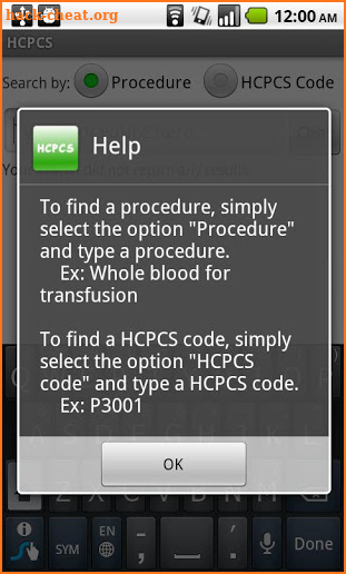 HCPCS screenshot